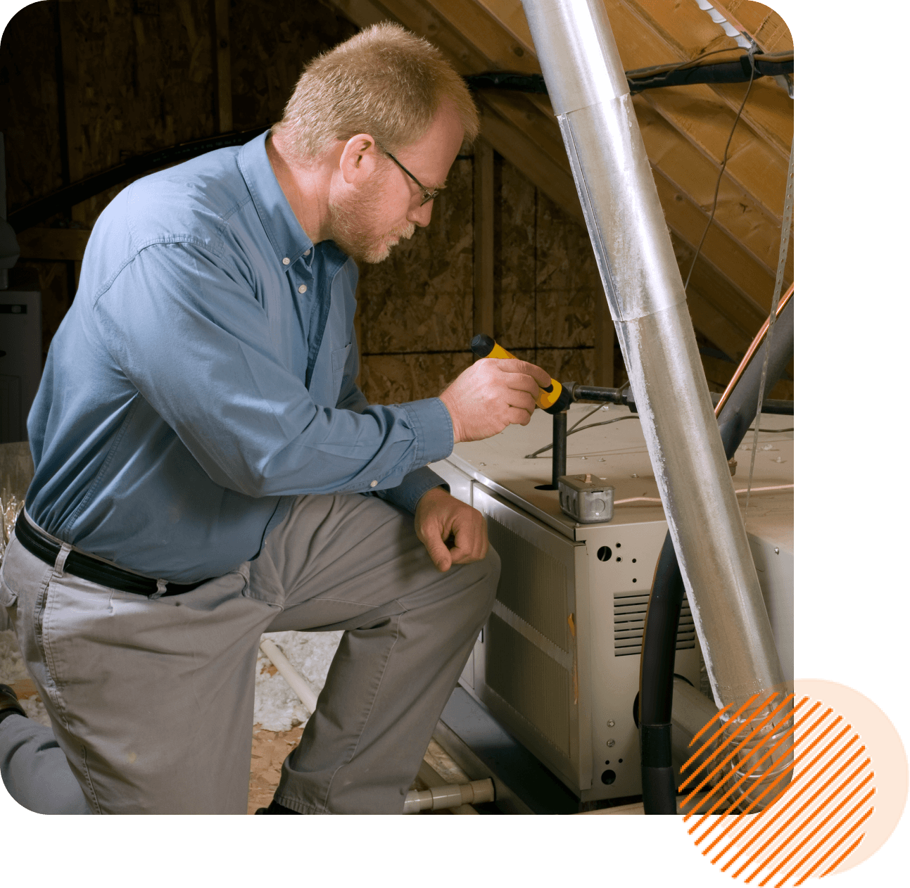 Technician repairing HVAC system in attic.