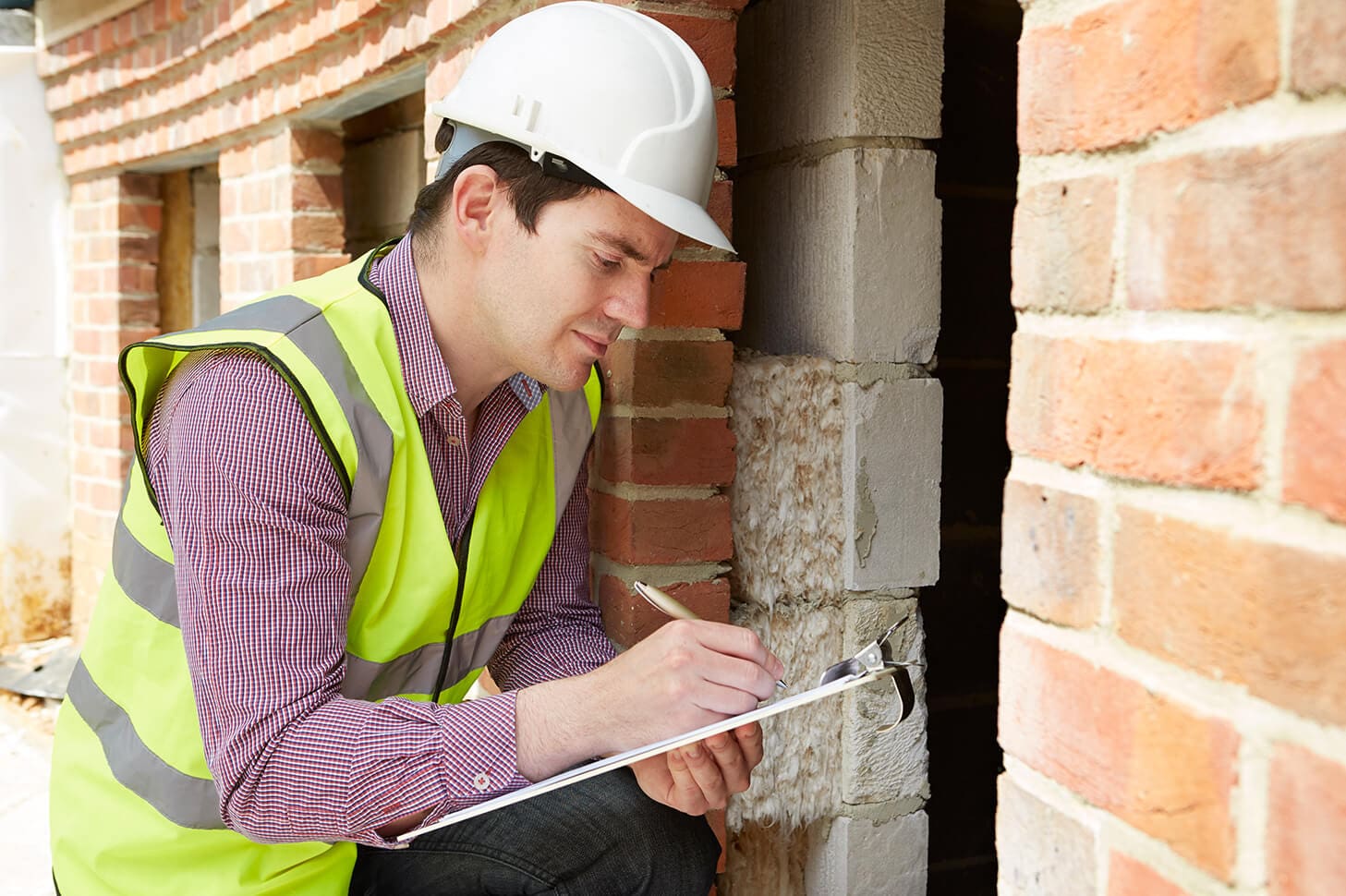 Construction worker inspecting wall insulation.