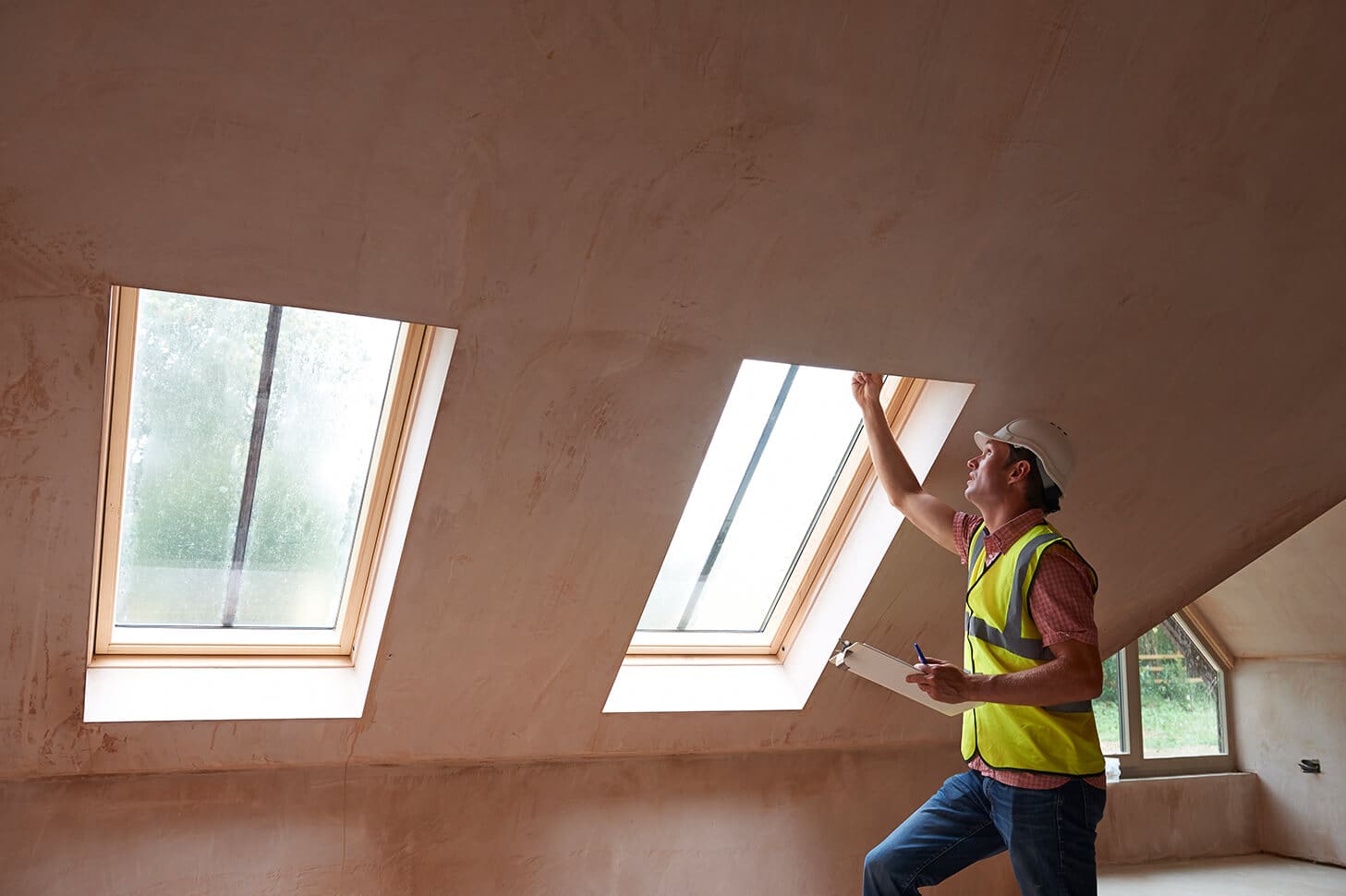 Construction worker inspecting new roof windows.