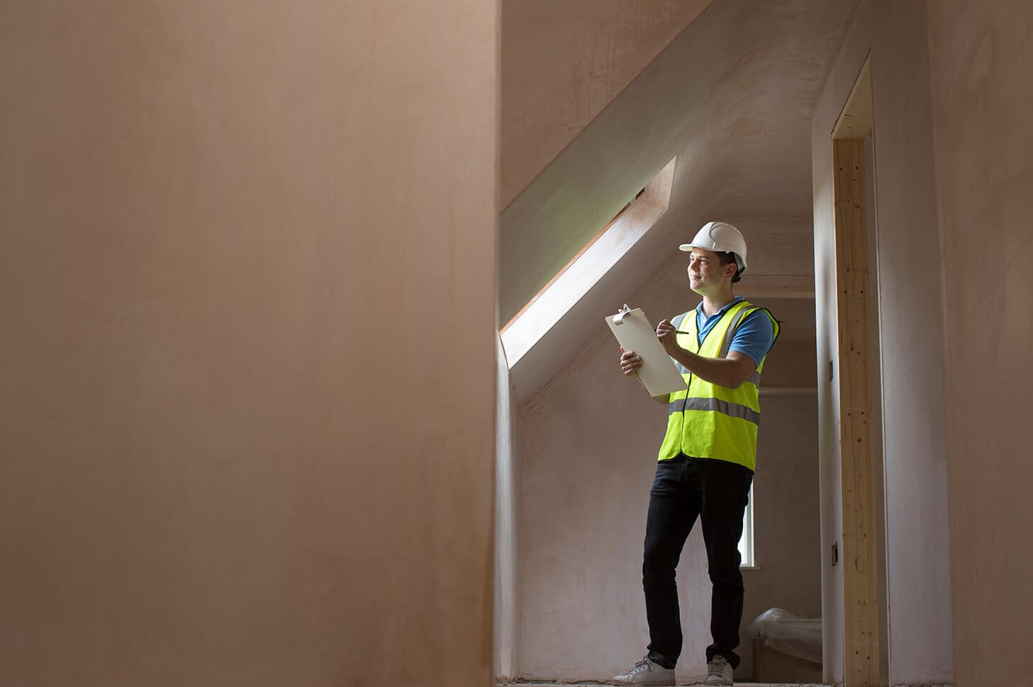 Construction worker inspecting new building.