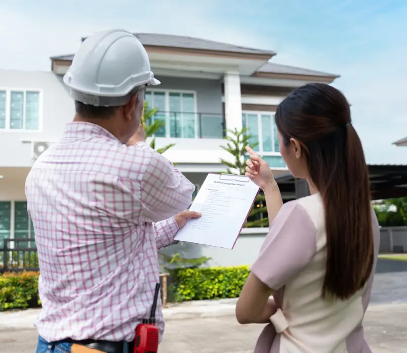 A woman and man looking at paperwork in front of a house.