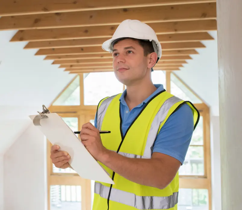 A man in yellow vest holding paper near ceiling.